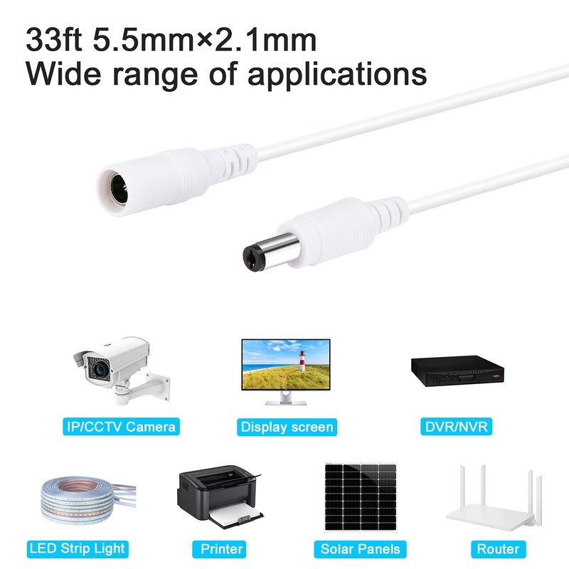 WILDHD DC Power Extension Cable, 33ft 2Pack 2.1mmx5.5mm DC Plug Power Supply Adapter Extension Cord 20AWG Power Cord Compatible with 12V,24V Wireless CCTV IP Security Camera,Led Strip Lights(2pcs White) - Image 5